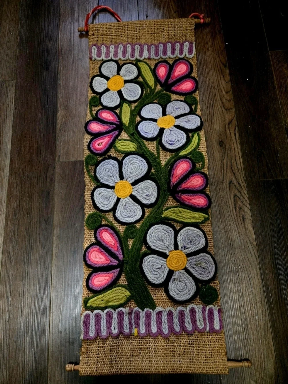 Bohemian Handmade Vintage 1970's Burlap & Yarn Wall Art Hanging Tapestry 38